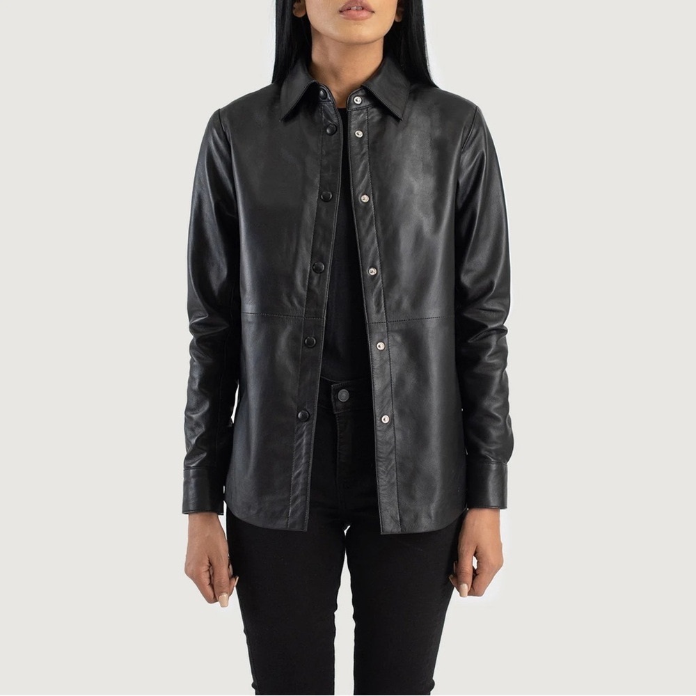 Company Ellen Tracy Jacket / Shirt Leather Black  SZ 10 EUC